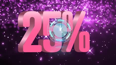 Animation-of-20-percentage-text-and-clock-moving-on-black-background