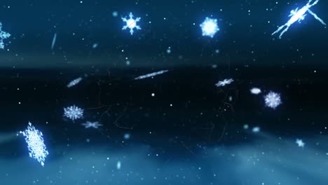 Animation-of-snow-falling-and-shapes-at-christmas-on-black-background