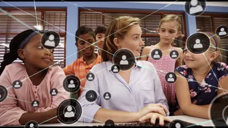 Animation-of-network-of-connections-with-icons-over-diverse-schoolchildren-having-video-call