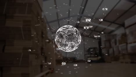 Animation-of-globe-and-network-of-connections-with-numbers-over-warehouse