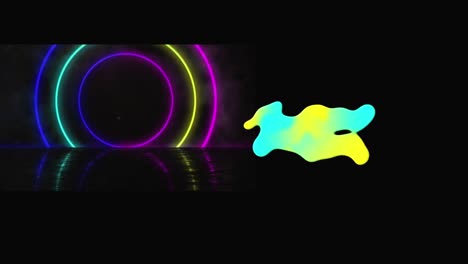 Animation-of-yellow-and-green-stain-and-neon-circles-over-black-background