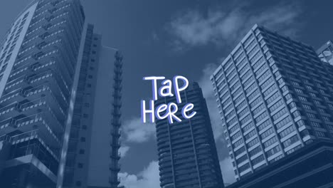 Animation-of-tap-here-text-with-lines-over-modern-cityscape