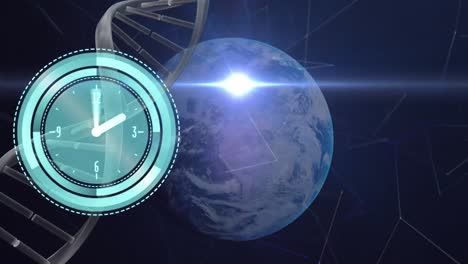 Animation-of-moving-clock-over-dna-chain-and-globe-on-black-background