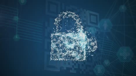 Animation-of-digital-cloud-and-padlock-over-qr-code-on-blue-background