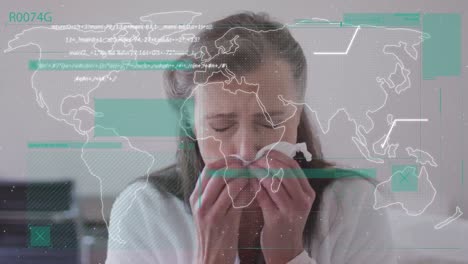 Animation-of-data-processing-over-caucasian-woman-sneezing