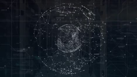 Animation-of-network-of-connections-and-rotating-globe-on-black-background