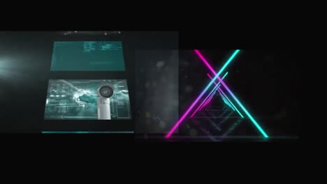 Animation-of-diverse-data-on-screens-and-neon-triangles-moving-over-black-background