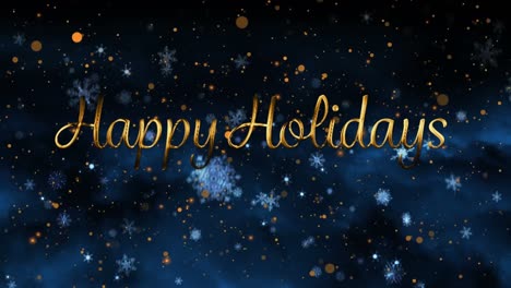 Animation-of-happy-holidays-text-and-snow-falling-at-christmas-on-black-background