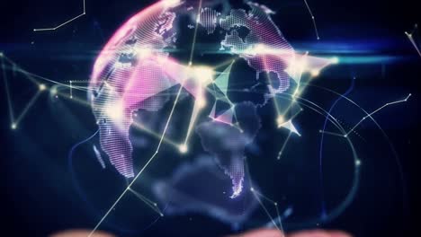 Animation-of-globe-and-network-of-connections-over-caucasian-woman's-hand