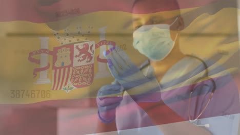 Animation-of-numbers-and-spain-flag-over-biracial-female-doctor-in-face-mask