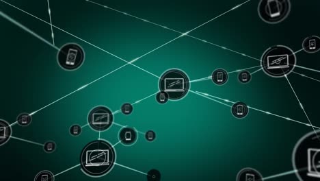 Animation-of-network-of-connections-with-icons-over-green-background