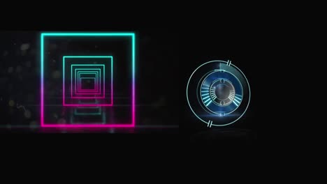Animation-of-moving-processing-circle-and-neon-squares-moving-over-black-background