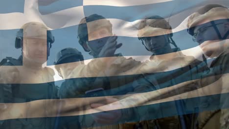 Animation-of-flag-of-greece-over-diverse-male-soldiers-with-smartphone
