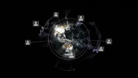 Animation-Des-Globus-Und-Netzwerks-Von-Verbindungen-Mit-Symbolen-Auf-Schwarzem-Hintergrund