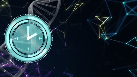 Animation-of-clock-moving-over-dna-chain-and-black-background-with-constellations