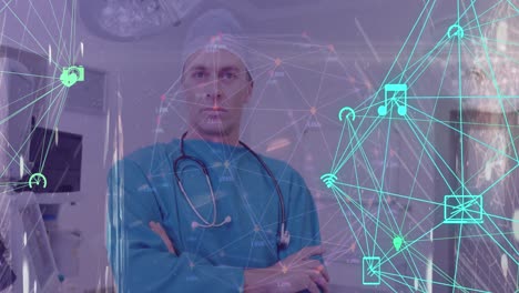 Animation-of-network-of-connections-with-icons-over-serious-caucasian-male-surgeon