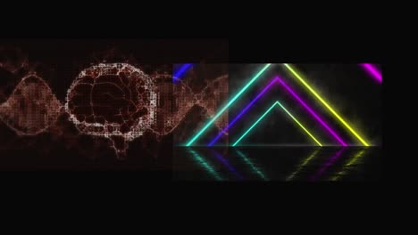 Animation-of-orange-waves-and-neon-triangles-moving-over-black-background