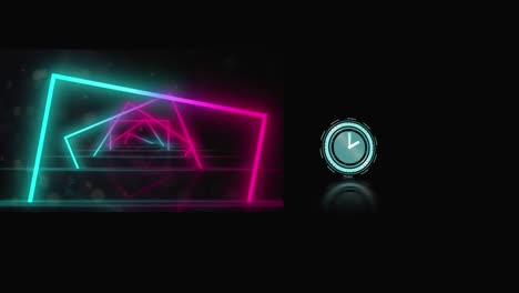 Animation-of-moving-clock-and-neon-squares-moving-over-black-background