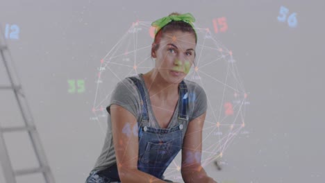 Animation-of-network-of-connections-and-numbers-over-happy-caucasian-woman-doing-redecoration