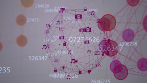 Animation-Des-Globus-Des-Netzwerks-Von-Verbindungen-Mit-Symbolen-Und-Zahlen