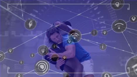 Animation-Verschiedener-Daten-Und-Netzwerke-Von-Verbindungen-über-Verschiedene-Männliche-Rugbyspieler