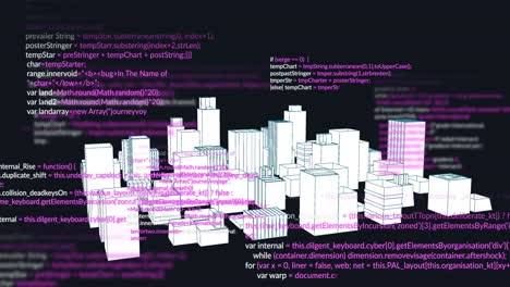 Animation-of-data-processing-and-city-on-black-background