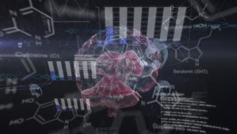 Animation-Chemischer-Formeln-Und-Datenverarbeitung-über-Rotierendem-Gehirn-Auf-Schwarzem-Hintergrund