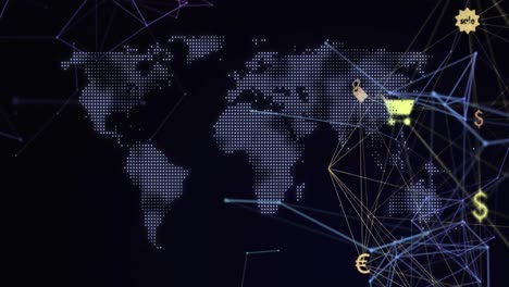Animation-Des-Netzwerks-Von-Verbindungen-Mit-Einkaufssymbolen-Auf-Der-Weltkarte