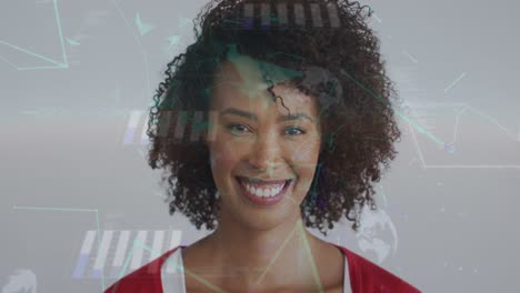 Animation-of-network-of-connections-with-icons-over-biracial-woman-smiling-at-camera