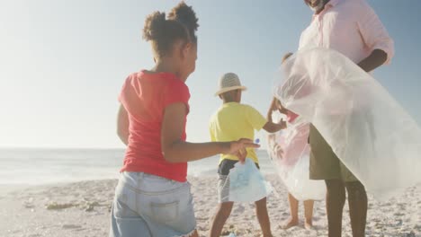 Älteres-Afroamerikanisches-Paar-Mit-Enkelkindern,-Das-Am-Sonnigen-Strand-Müll-Trennt