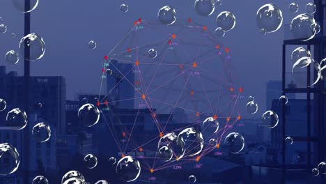 Animation-Eines-Netzwerks-Von-Verbindungen-Mit-Blasen-über-Dem-Stadtbild
