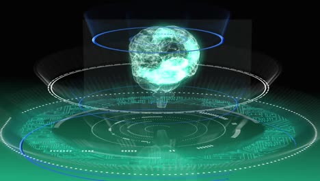 Animation-Von-Gehirnrotation,-Datenverarbeitung,-Integrierten-Schaltkreisen-Und-Kreisen-Auf-Grünem-Hintergrund