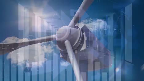 Animation-of-graphs,-arrows-and-clouds-over-moving-wind-turbine