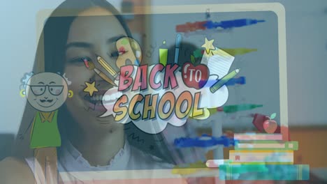 Animation-of-back-to-school-text-over-biracial-woman-with-models