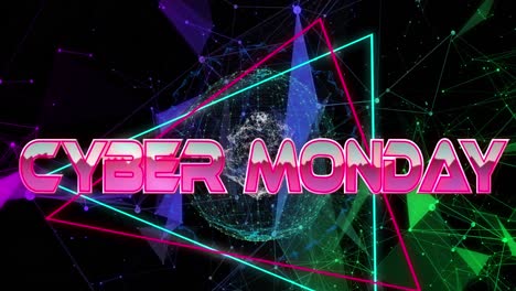 Animation-of-cyber-monday-over-globe-with-connections-and-shapes-on-black-background