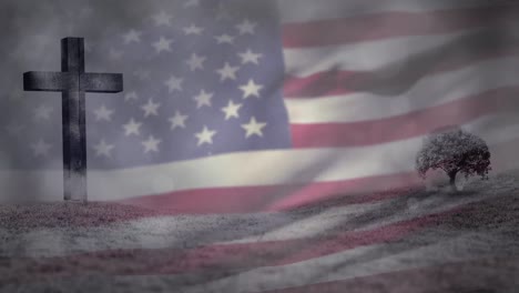 Animation-Eines-Christlichen-Kreuzes-Und-Baumes-über-Der-Wehenden-Flagge-Der-USA