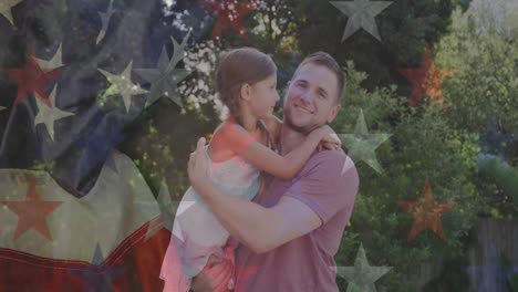 Animation-of-american-flag-over-smiling-caucasian-father-with-daughter