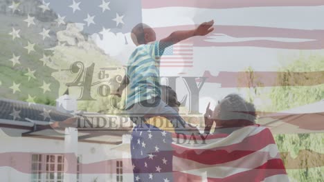 Animation-of-american-flag-and-independence-day-text-over-african-american-family-smiling