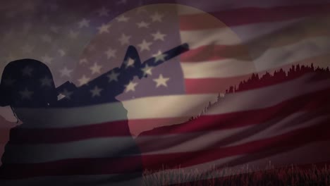 Animation-of-american-flag-over-soldier-with-machine-gun-and-landscape