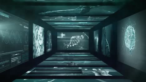 Animation-of-biological-data-processing-on-tunnel-made-of-screens-on-black-background