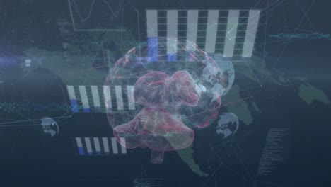 Animation-Von-Symbolen,-Daten-Und-Rotierendem-Gehirn-über-Der-Weltkarte