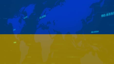 Animation-Der-Weltkarte-Und-Finanzdaten-über-Der-Flagge-Der-Ukraine