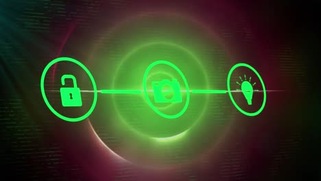 Animation-of-digital-icons-with-padlock,-camera-and-bulb-over-circles-in-green-and-black-space