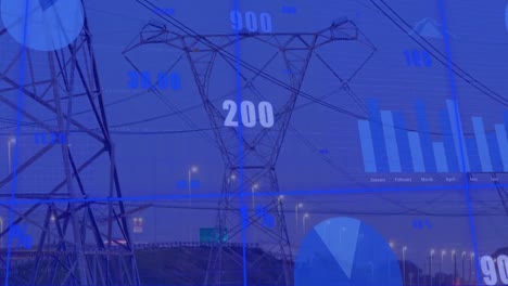Animation-of-arrows-falling-down,-changing-financial-data-and-graphs-over-electricity-poles