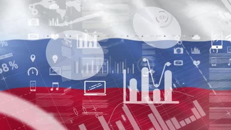 Animation-of-arrows-falling-down,-changing-financial-data-and-graphs-over-flag-of-russia