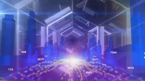 Animation-of-numbers-and-light-tunnel-moving-fast-over-metaverse-city