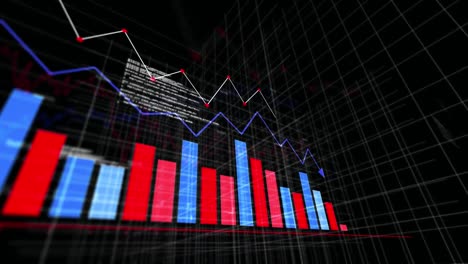 Animation-of-arrows-falling-down,-changing-financial-data-and-graphs-over-black-background