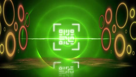Animation-Von-Kreisen,-Neonwellen-Und-QR-Code-Auf-Grünem-Hintergrund