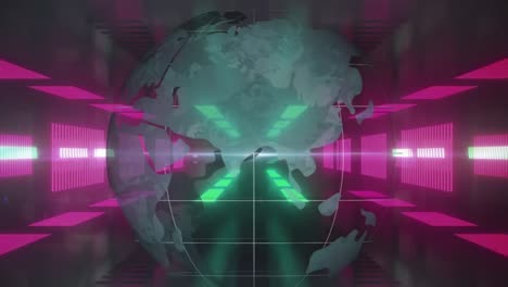 Animation-of-rotating-diverse-neon-lights-and-globe-on-pink-and-green-space