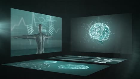 Animation-of-scientific-data-processing-on-screens-on-black-background